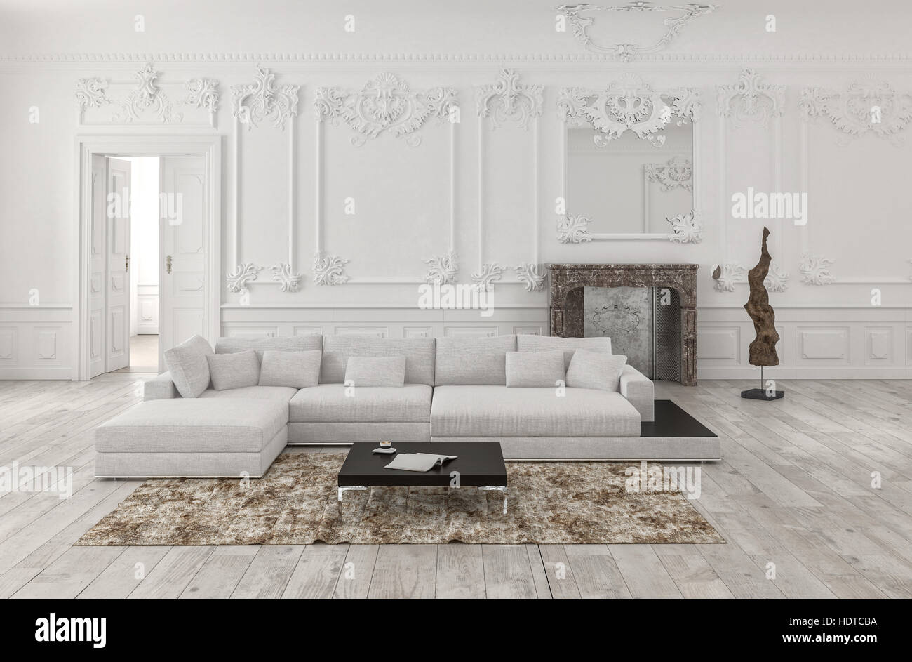 Klassische weiße 3d gerendert monochrome Wohnzimmer Interieur mit ... Klassische weiße 3d gerendert monochrome Wohnzimmer Interieur mit ...