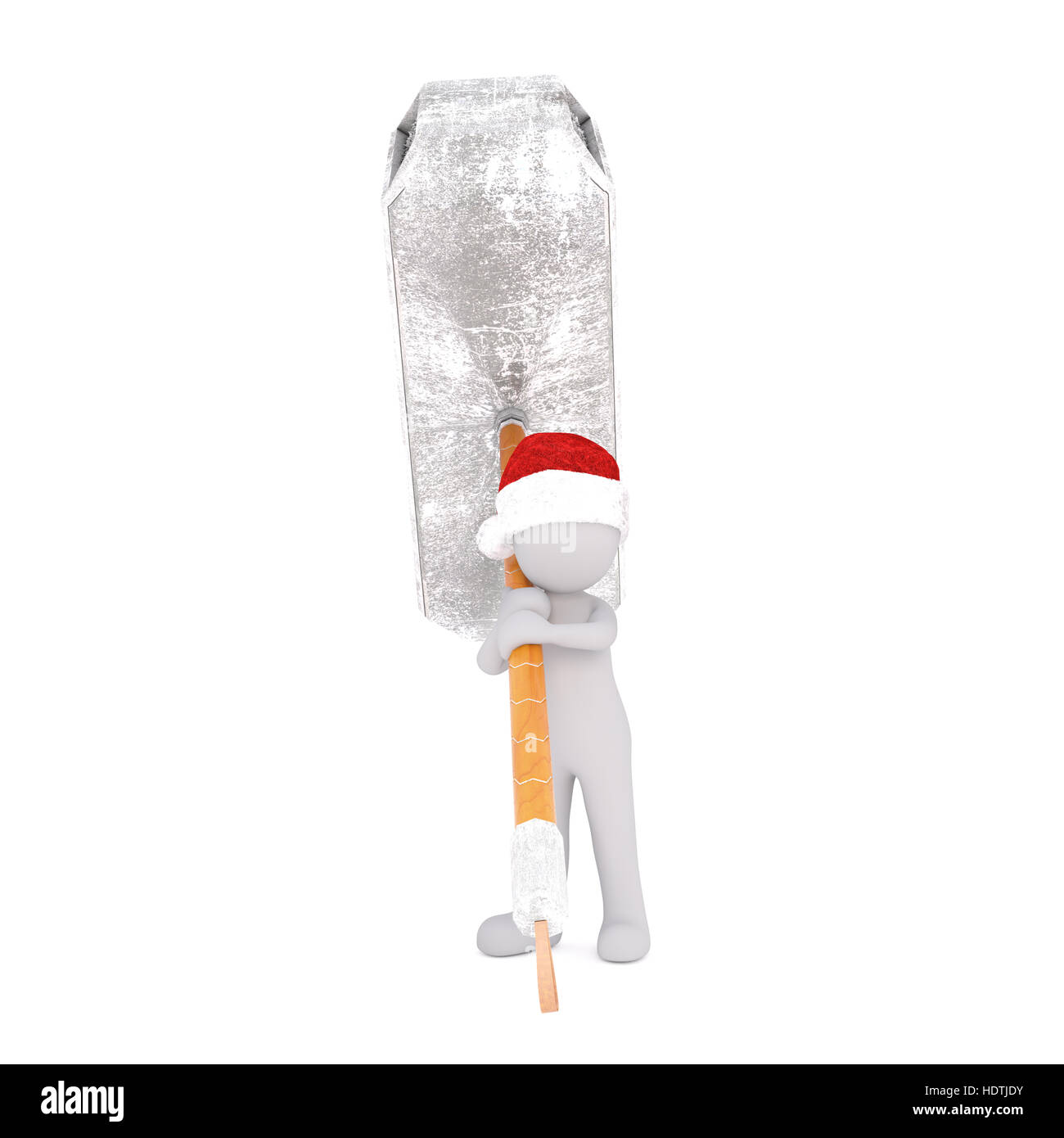 3D Figur hält über große silberne Krachmacher und trägt Weihnachtsmütze vor einem weißen Hintergrund Stockfoto