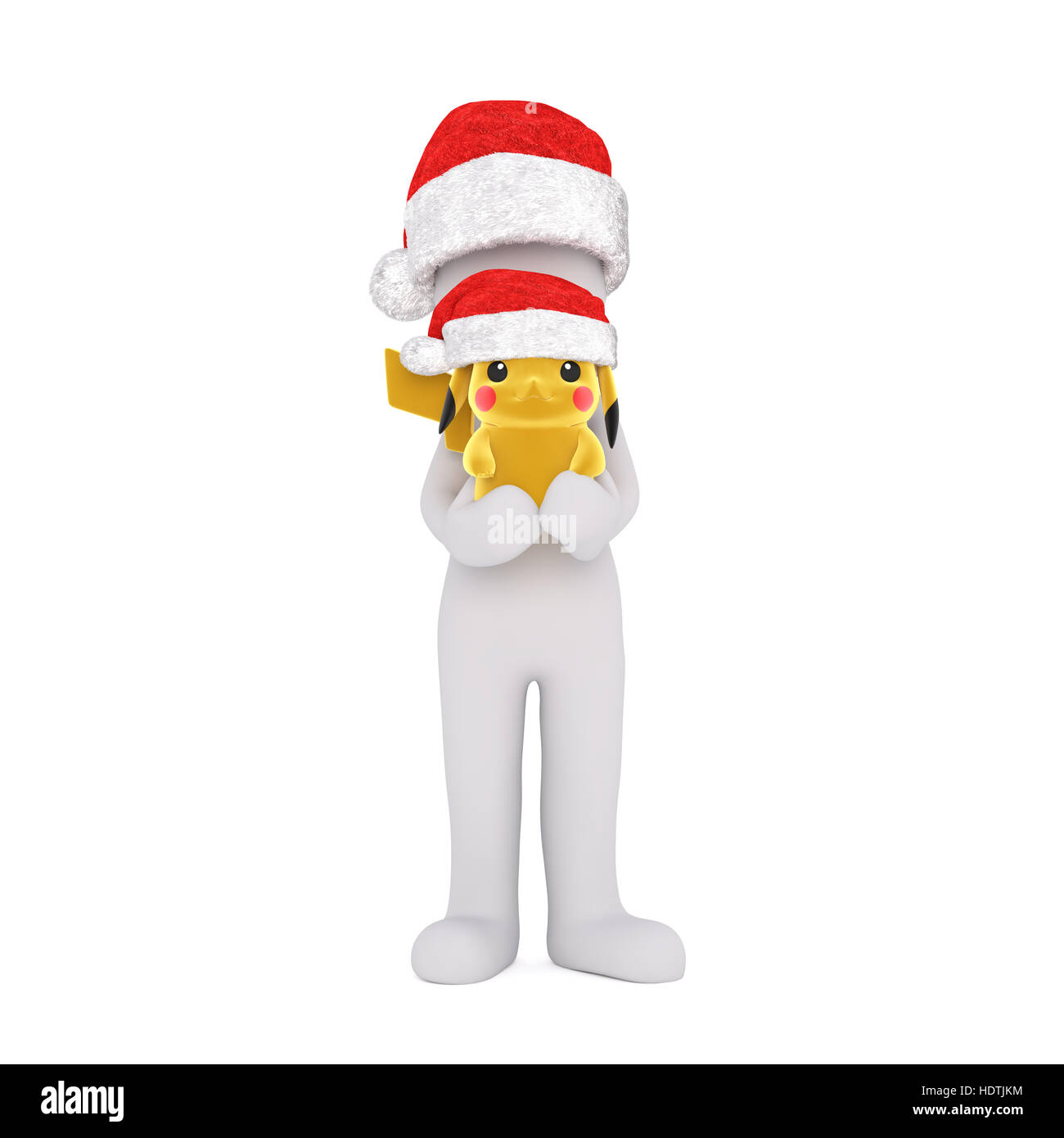 3D Figur hält niedlichen gelben Cartoon-Maus während jeder eine Weihnachtsmütze trägt Stockfoto