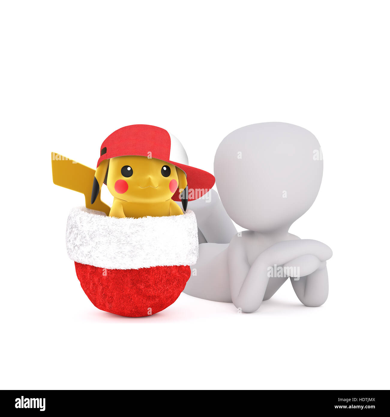 Süße Gelbe Maus trägt rote und weiße Kappe sitzen in Nikolausmütze als 3D-Figur blickt bewundernd auf Stockfoto