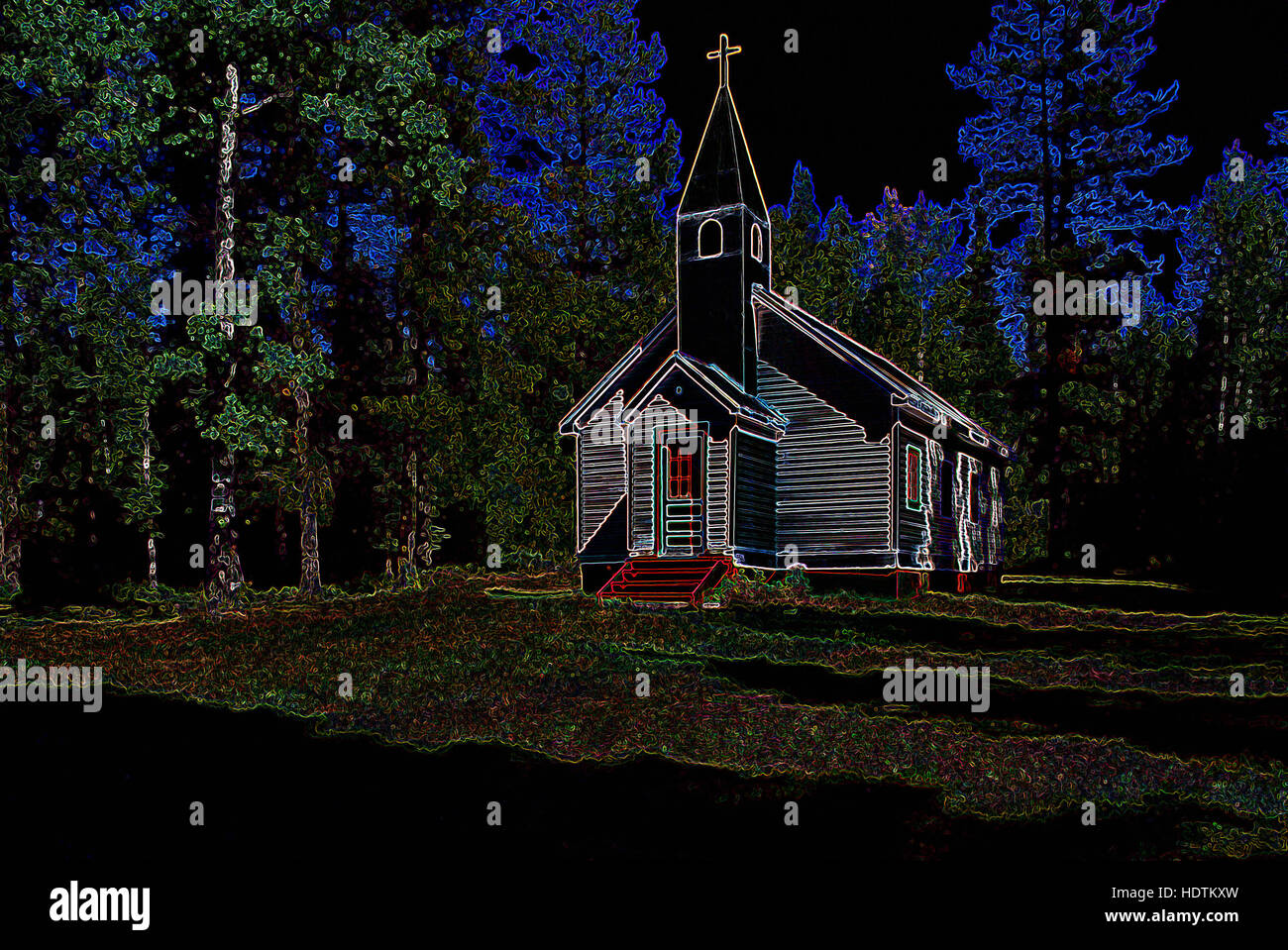 Kleine ländliche Holzkirche - digital manipulierte Bild mit leuchtenden Kanten, abstrakte Architektur Stockfoto
