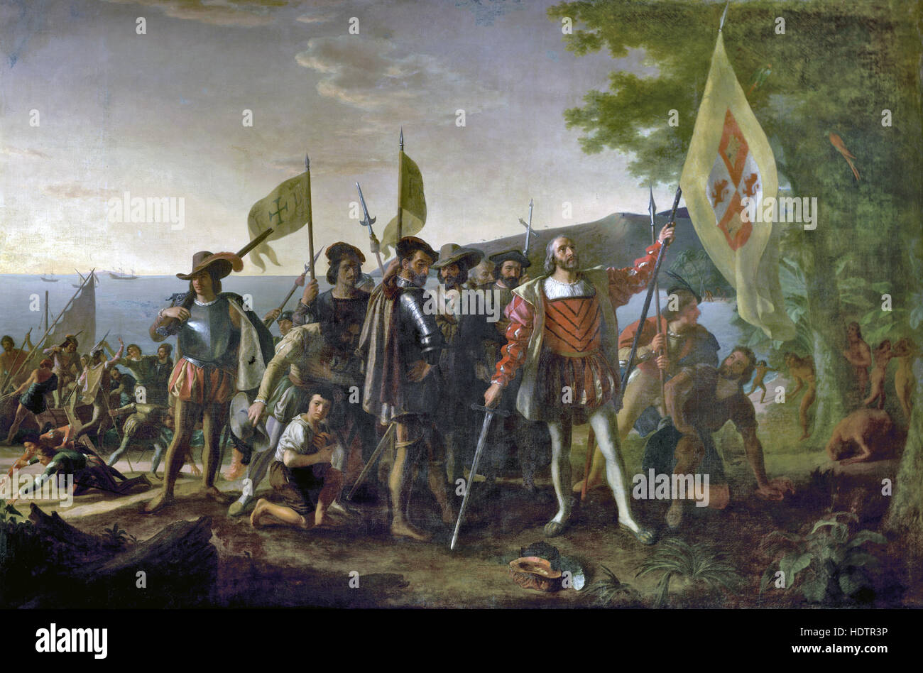 CHRISTOPHER COLUMBUS (1451-1506 c) Gemälde von John Vanderlyn in 1847 berechtigt "Landung des Columbus - 12 Oktober 1492" auf der westindischen Insel er San Salvador nannte. Er hält die Fahne der Krone von Kastilien. Im Jahr 1893 verwendet auf einer US-Briefmarke. Stockfoto