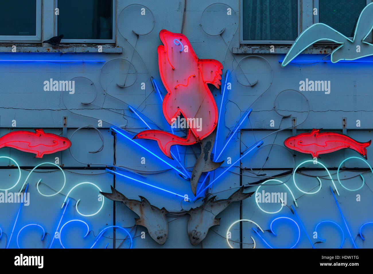 Leuchtreklame über Fisch und Pommesbude an der Southend-on-Sea Stockfoto