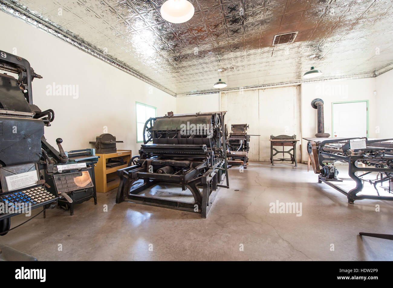 Ausstellung von Vintage-Druckmaschinen im Clark County Museum Henderson, Las Vegas, Nevada. Stockfoto