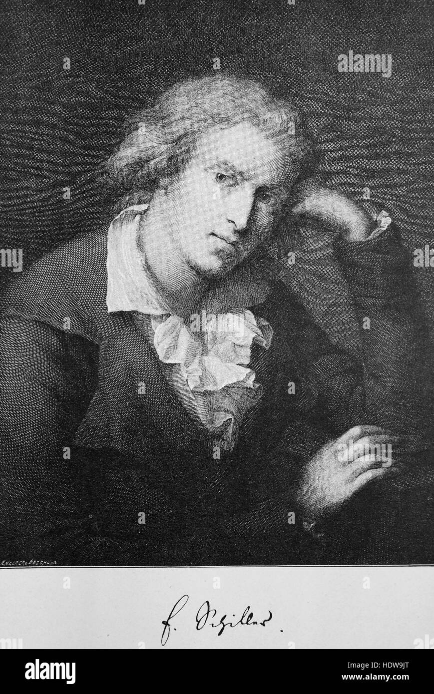 Johann Christoph Friedrich von Schiller, das Bild war er 28 Jahre alt, 1759-1805, deutscher Dichter, Philosoph, Arzt, Historiker und Dramatiker, Holzschnitt aus dem Jahr 1880 Stockfoto