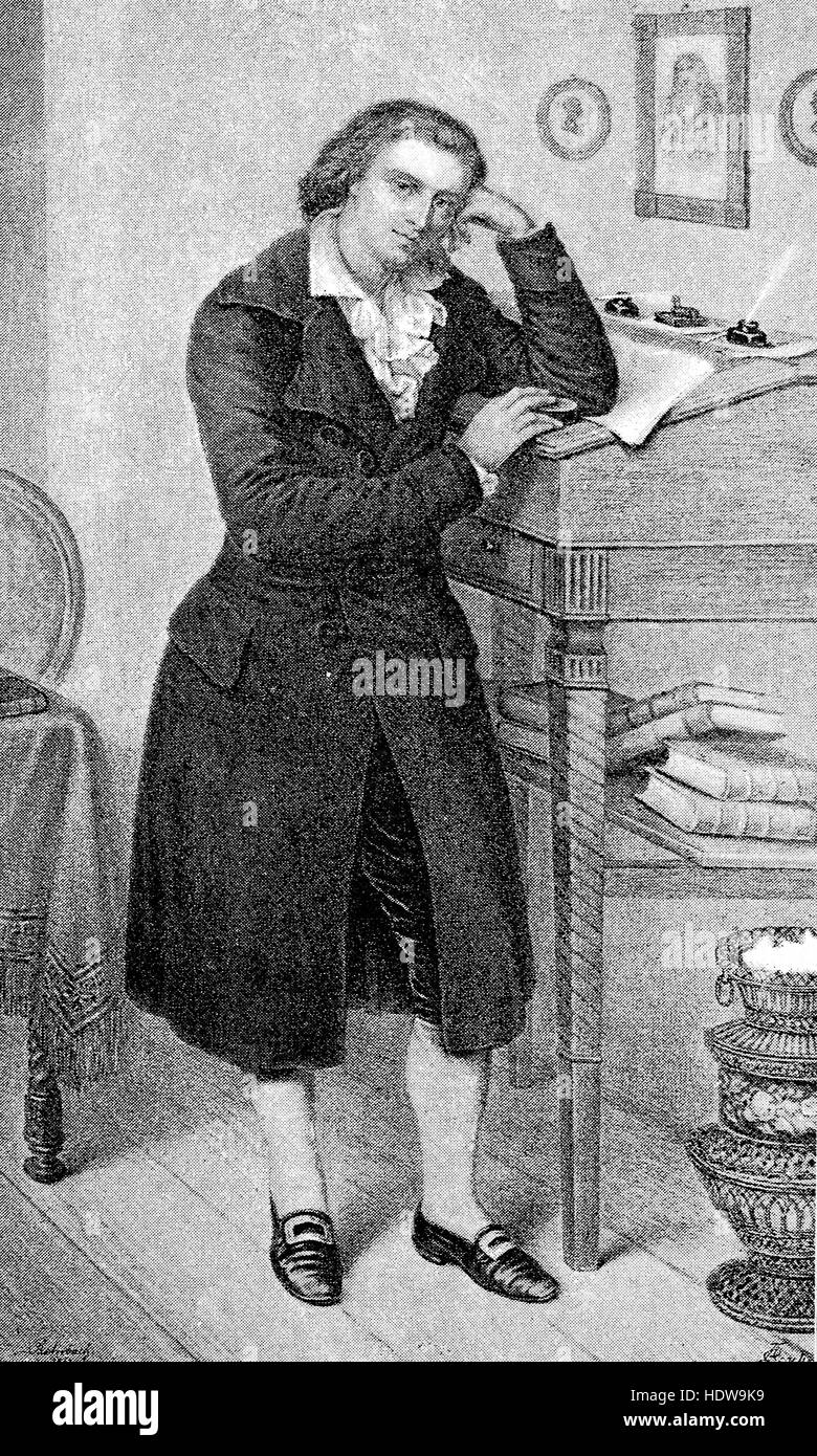 Johann Christoph Friedrich von Schiller in seinem Arbeitszimmer, 1759-1805, deutscher Dichter, Philosoph, Arzt, Historiker und Dramatiker, Holzschnitt aus dem Jahr 1880 Stockfoto