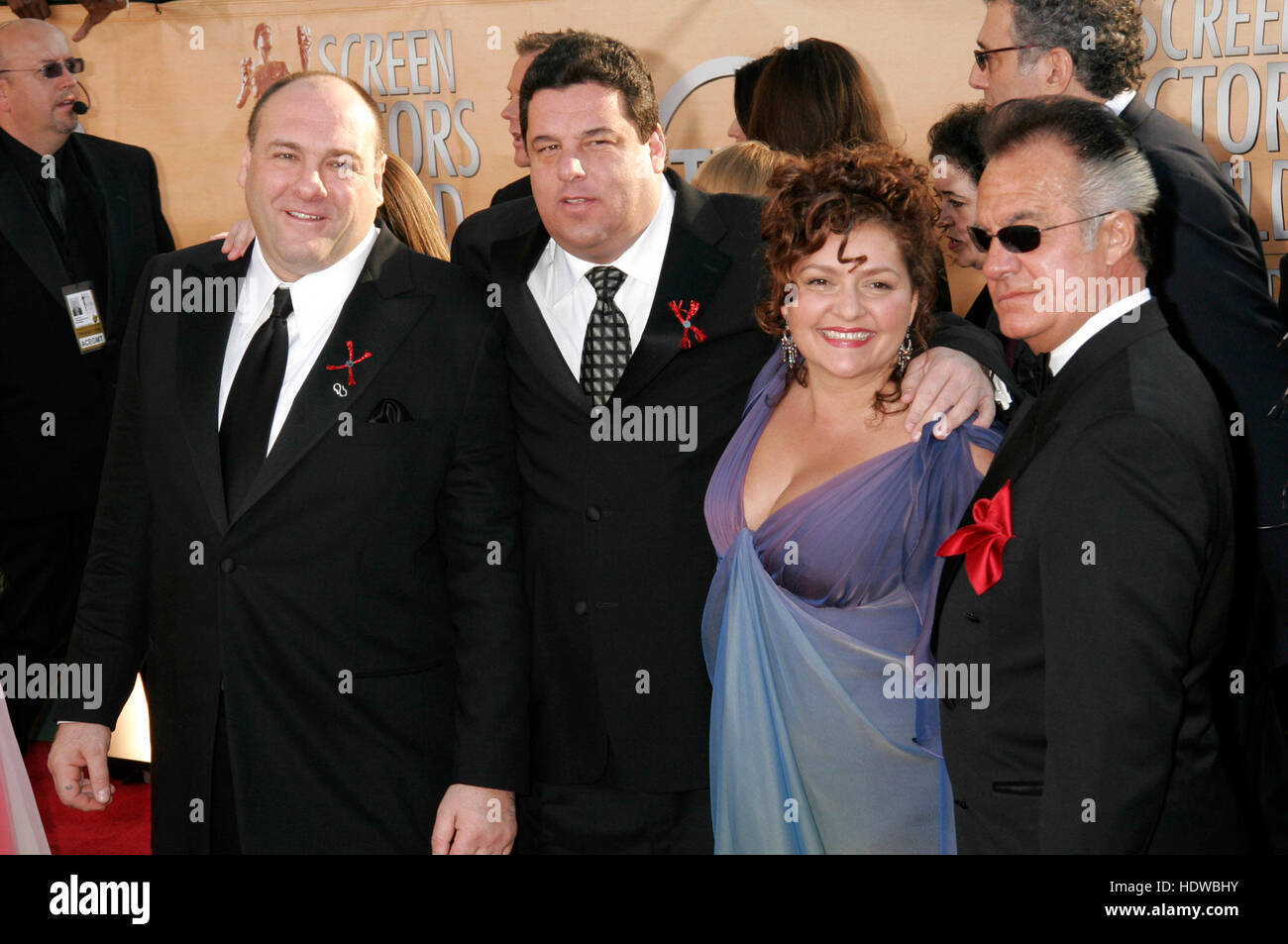Schauspieler aus der TV-Show, "The Sopranos", von links: James Gandolfini, Steve Schirripa, Aida Turturro und Tony Sirico, kommen während der 11. annual Screen Actors Guild Awards im Shrine Auditorium in Los Angeles, Kalifornien auf Samstag, 5. Februar 2005. Bildnachweis: Francis Specker Stockfoto