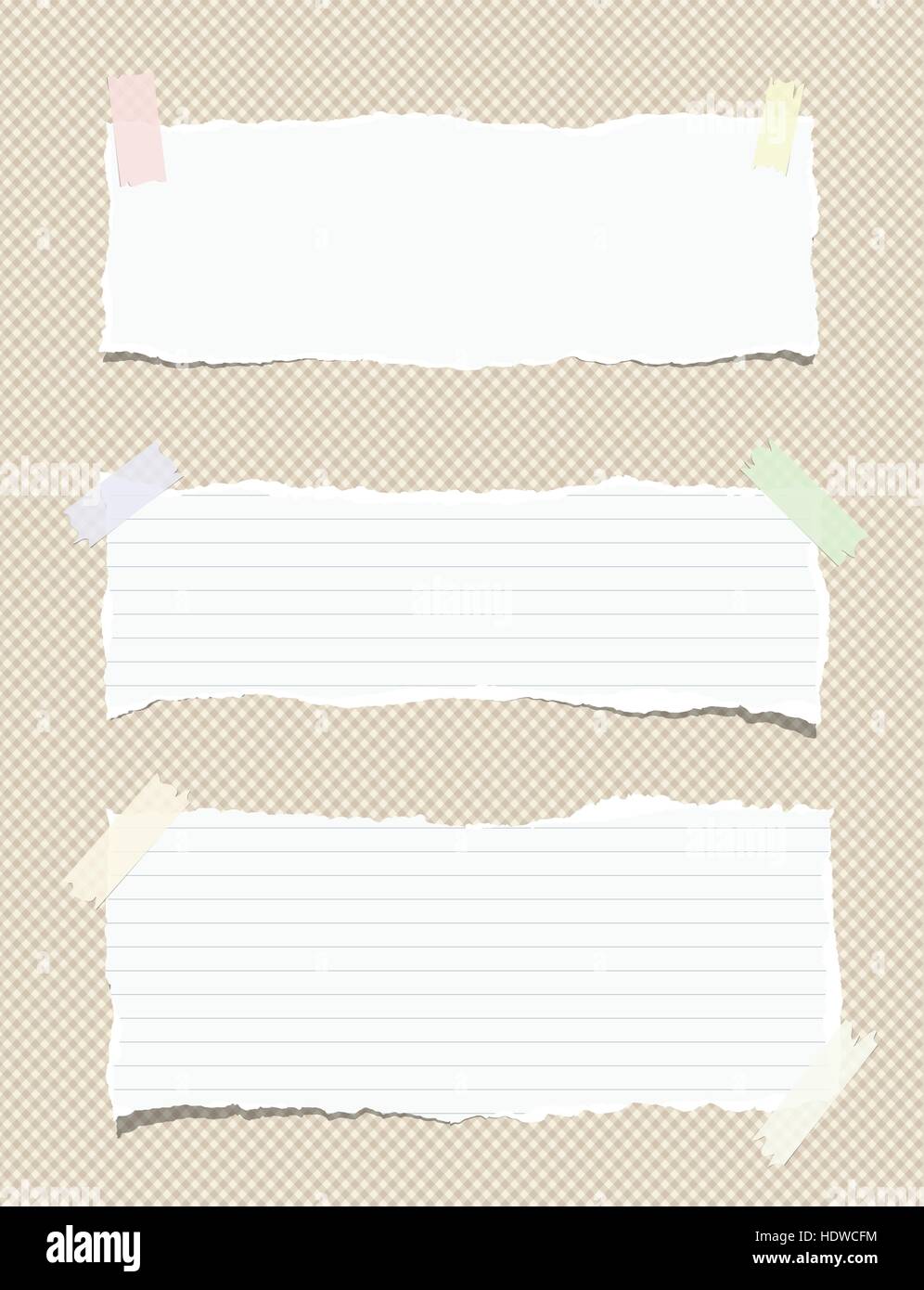 Weiß regiert, zerrissene Hinweis, Notebook, Kopie Buch Papier Blätter braun quadrierten Hintergrund aufgeklebt Stock Vektor