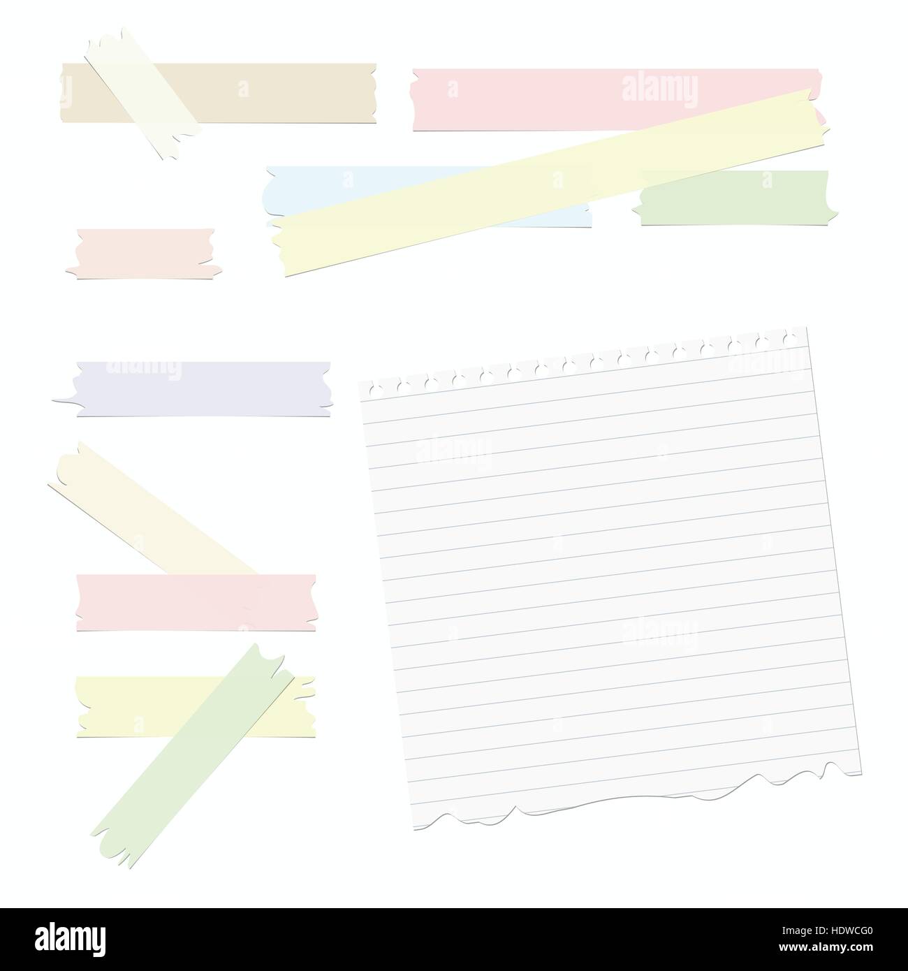 Gerissen, klebrige bunt Pastell, Klebeband und Hinweis, Notebook, regierte Kopie Buch Papierblatt Stock Vektor