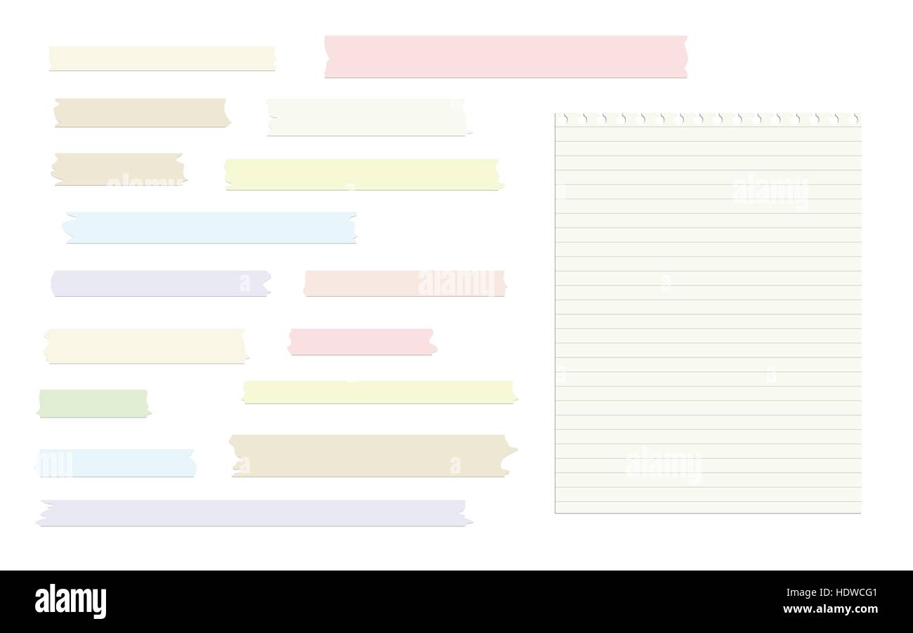 Gerissen, klebrige bunt Pastell, Klebeband und Hinweis, Notebook, regierte Kopie Buch Papierblatt Stock Vektor