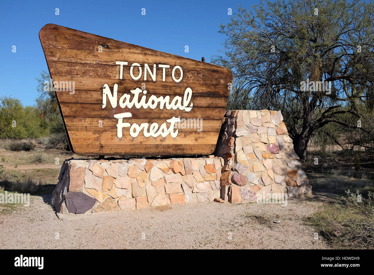 Melden Sie auf Route 88 in Arizona markiert den Beginn des Tonto National Forest. Der Wald ist die größte der 6 Nationalforsten Arizonas. Stockfoto