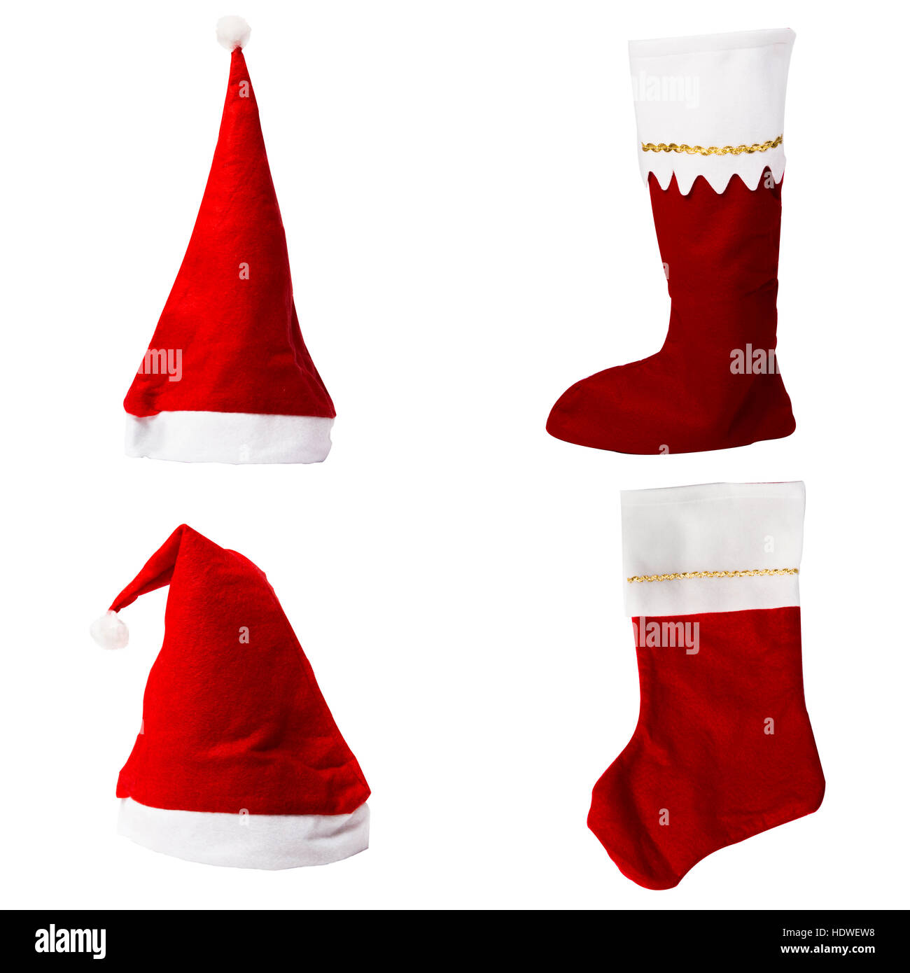 Weihnachtsmützen, Stiefel und einen Strumpf, weißer Hintergrund Stockfoto