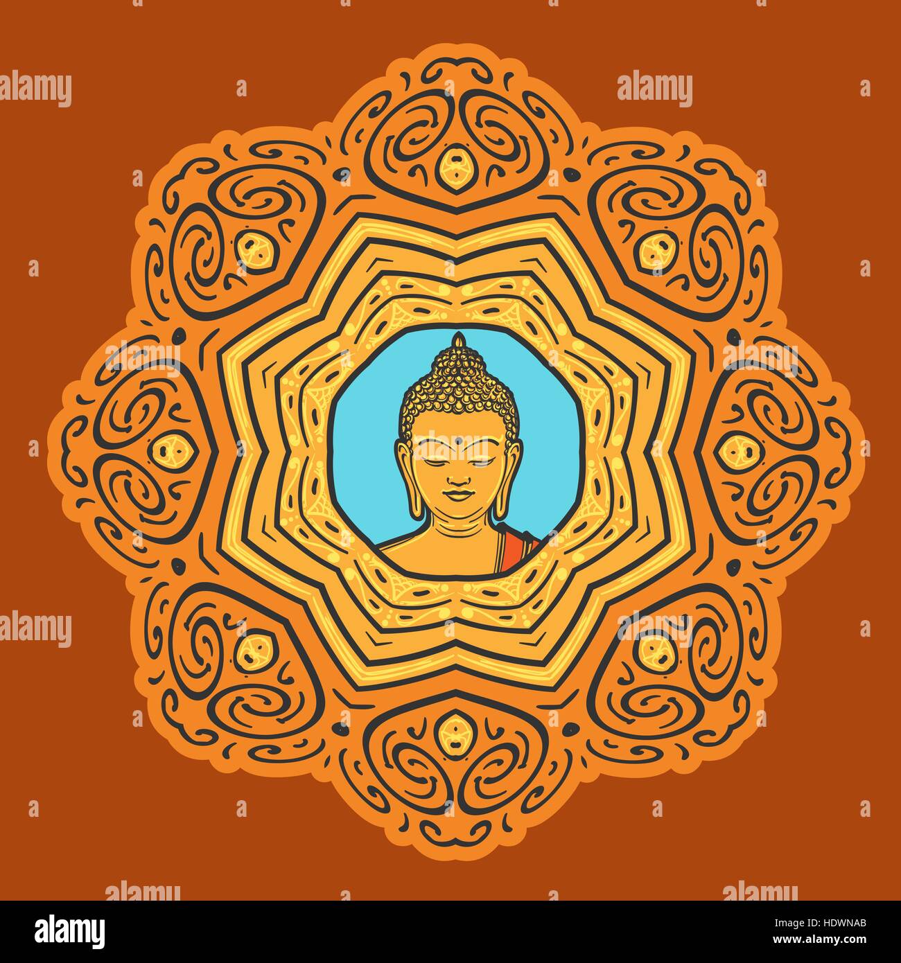 Buddha Gesicht über reich verzierte Mandala. Esoterische Vintage Vektor-Illustration. Indisch, Buddhismus, Thai spirituelle Dekor Element. Stock Vektor