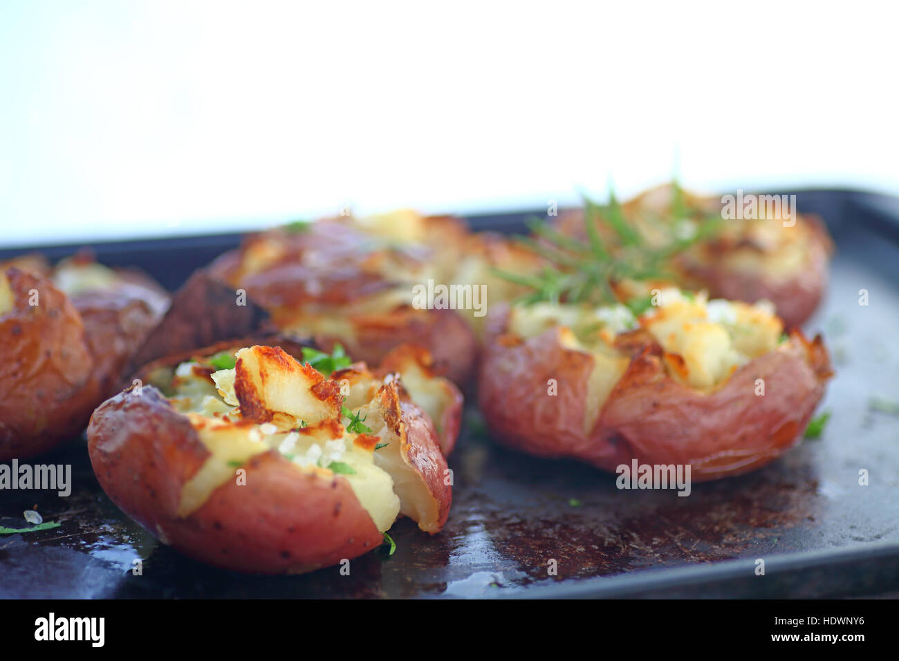 Zerdrückte Kartoffeln auf einer Metall-Pfanne geröstet Stockfoto