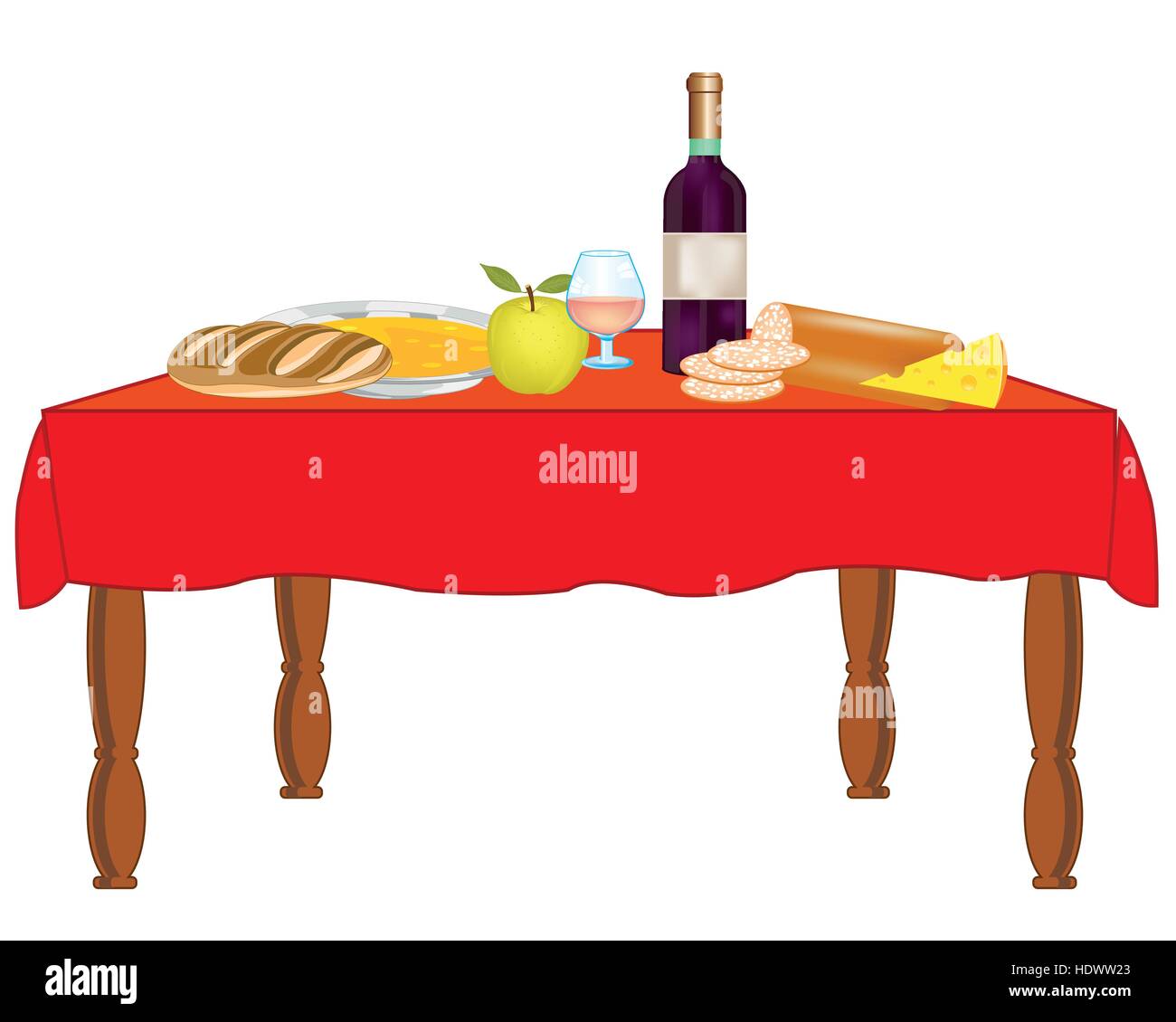 Gedeckter Tisch mit Speisen und Getränken auf weißem Hintergrund  Stock-Vektorgrafik - Alamy