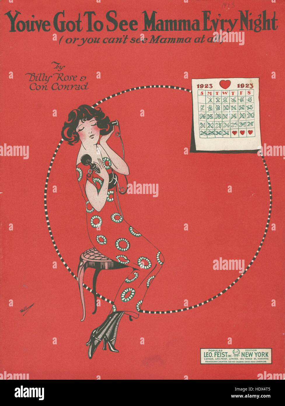 'Du mußt sehen, Mama Ev'ry Nacht' 1923 Sheet Music Cover Stockfoto