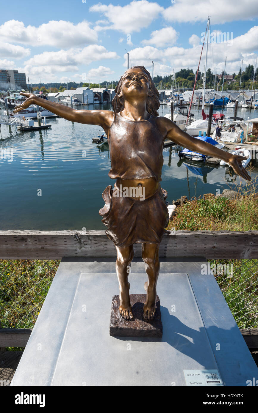 Joie De Vivre Bronze Statue von David Varnau in Percival Landing Park, Olympia, Washington. Stockfoto