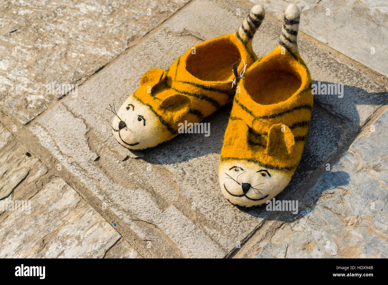 Ein paar bunte Filzschuhe im Look eines Löwen Stockfoto