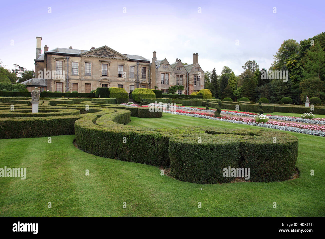 Abgeschnittene Formschnitt-Hecken im Coombe Abbey, Coventry, ein beliebter Ort für Hochzeiten und Hotel. Stockfoto