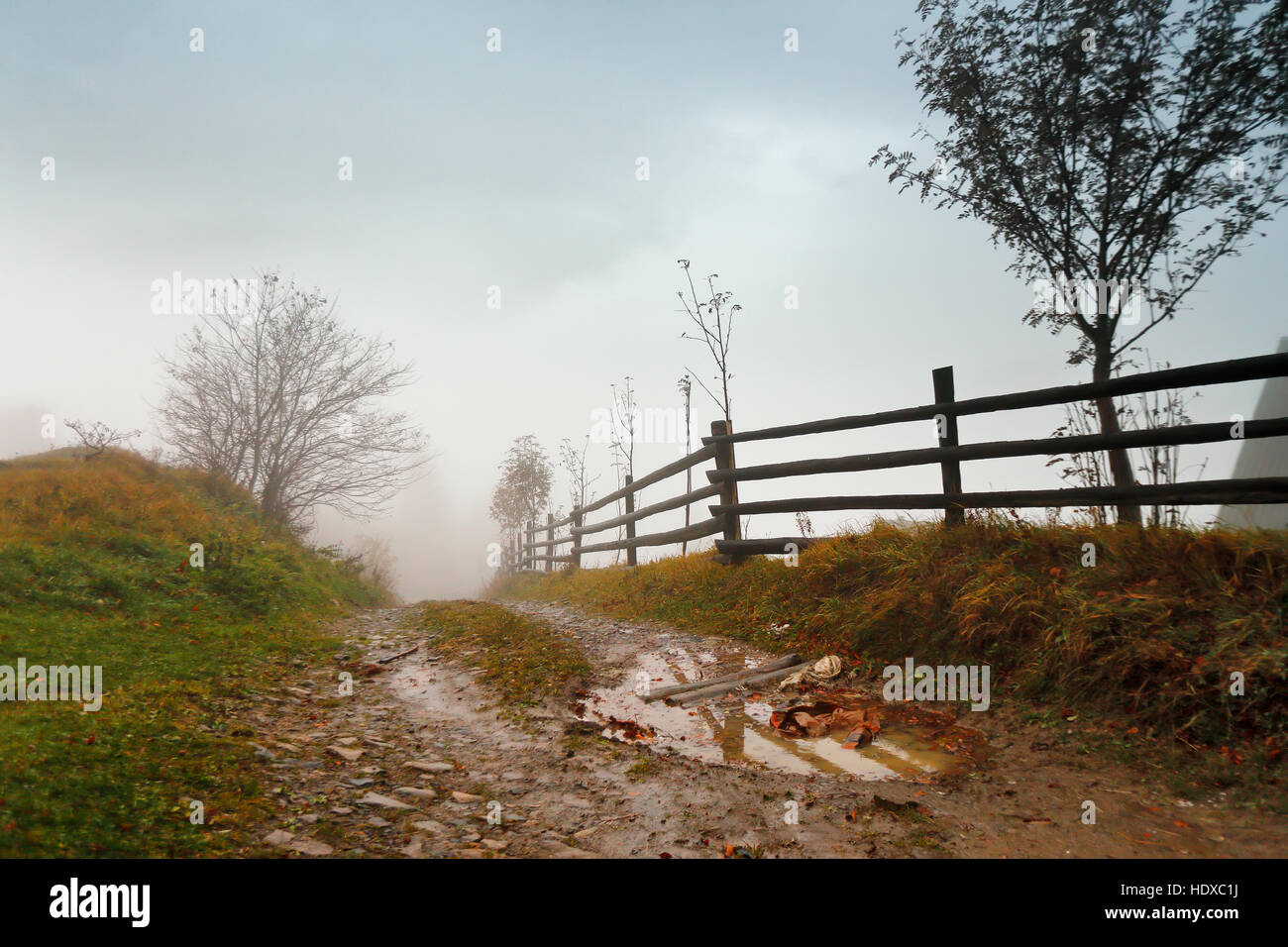 Schlammigen Boden nach Regen in Karpaten. Extreme Pfad ländliche unbefestigte Straße in den Hügeln. Schlechtes Wetter. Stockfoto