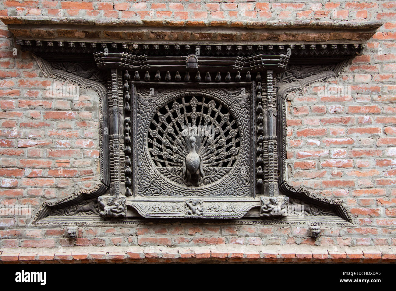 Fenster "Peacock" Bhaktapur, Nepal Stockfoto