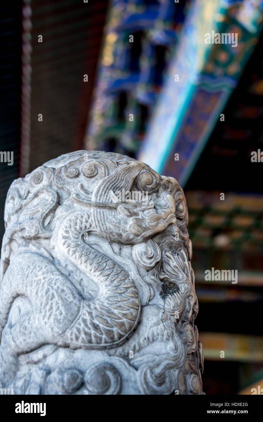 Tempel des Himmels Detail der geschnitzten Marmor dragon Geländer, Peking, China. Stockfoto