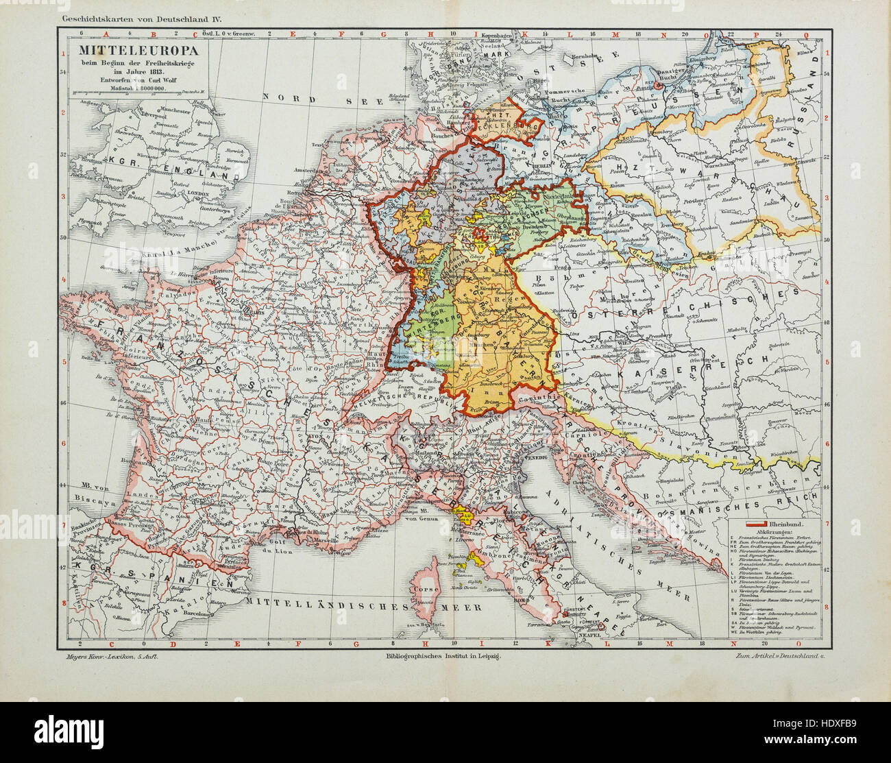 Antike Landkarte von Mitteleuropa um 1900 vom deutschen Meyers Konversation Lexikon. Stockfoto