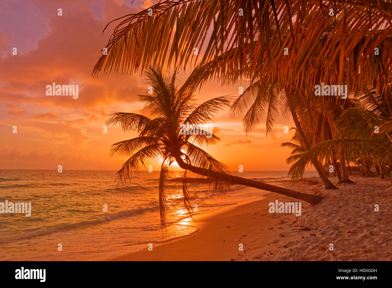 Sonnenuntergang am Strand von Dover, St. Lawrence Gap, Südküste, Barbados, Karibik. Stockfoto