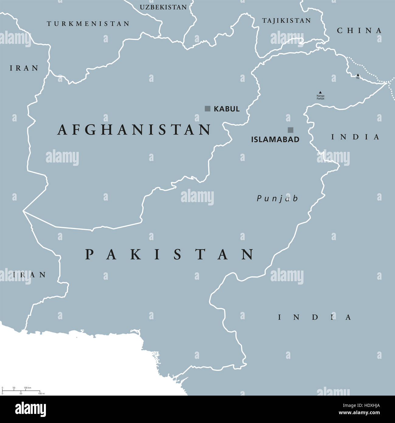 Afghanistan und Pakistan politische Karte mit Hauptstädten Kabul und Islamabad, nationale Grenzen und Nachbarländern. Stockfoto