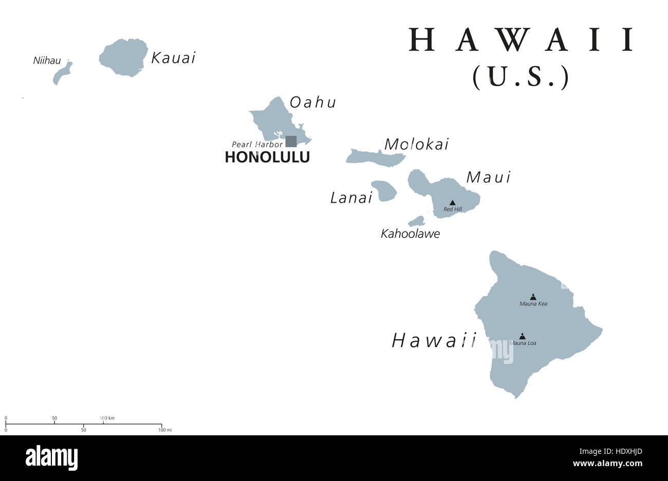Hawaii politische Karte mit Hauptstadt Honolulu. Staat der USA, befindet sich in Ozeanien, besteht komplett aus Inseln. Stockfoto