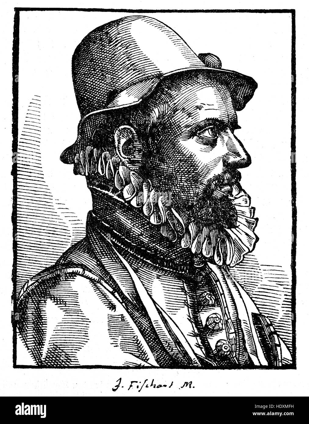 Johann Baptist Fischart, 1545-1591, ein deutscher Satiriker und Publizist, Holzschnitt aus dem Jahr 1882, digital verbessert Stockfoto