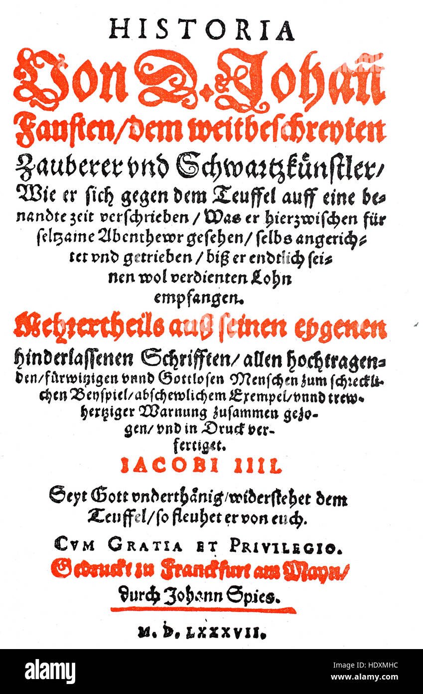 Titelblatt der Faustbuch herausgegeben von Johann Spies, Holzschnitt aus dem Jahr 1882, digital verbessert Stockfoto