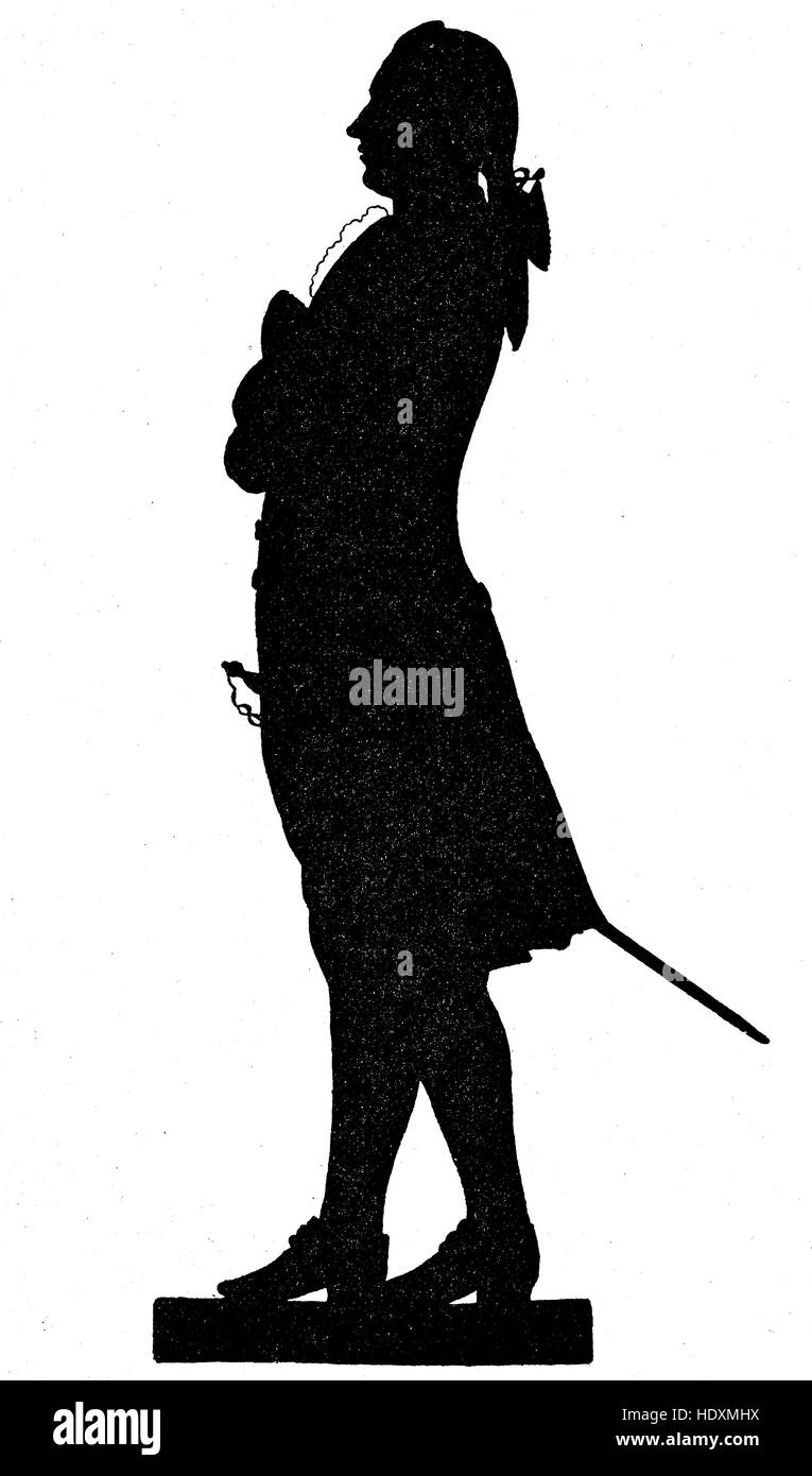 Silhouette von Johann Wolfgang von Goethe aus dem Jahr 1779, ein Dichter, Romancier, Dramatiker, Naturphilosoph, Diplomat, Beamter, Holzschnitt aus dem Jahr 1882, digital verbessert Stockfoto