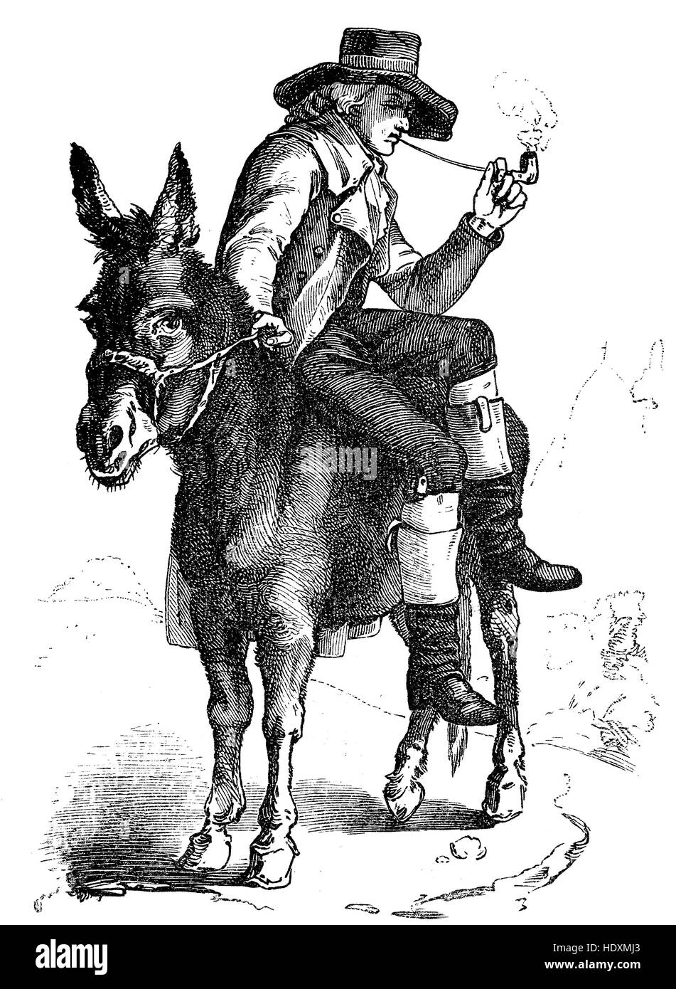Johann Christoph Friedrich von Schiller, 1759-1805, deutscher Dichter, Philosoph, Arzt, Historiker und Dramatiker, er sitzt auf einem Esel und raucht Pfeife, Holzschnitt aus dem Jahr 1882, digital verbessert Stockfoto
