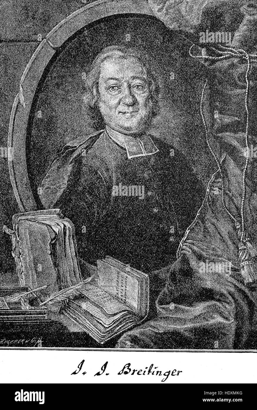 Johann Jakob Breitinger, 1701-1776, Schweizer Philologe und Autor, Holzschnitt aus dem Jahr 1882, digital verbessert Stockfoto