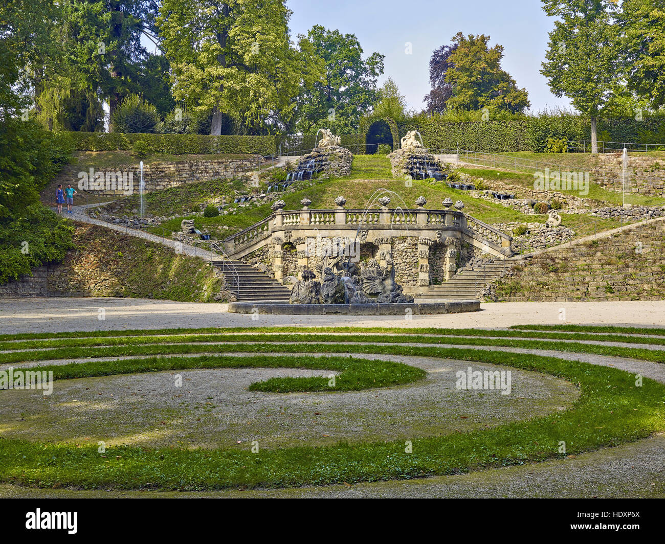 Kaskade und Neptun-Brunnen im Schloss Park Fantaisie, Eckersdorf, Upper Franconia, Bayern, Deutschland Stockfoto