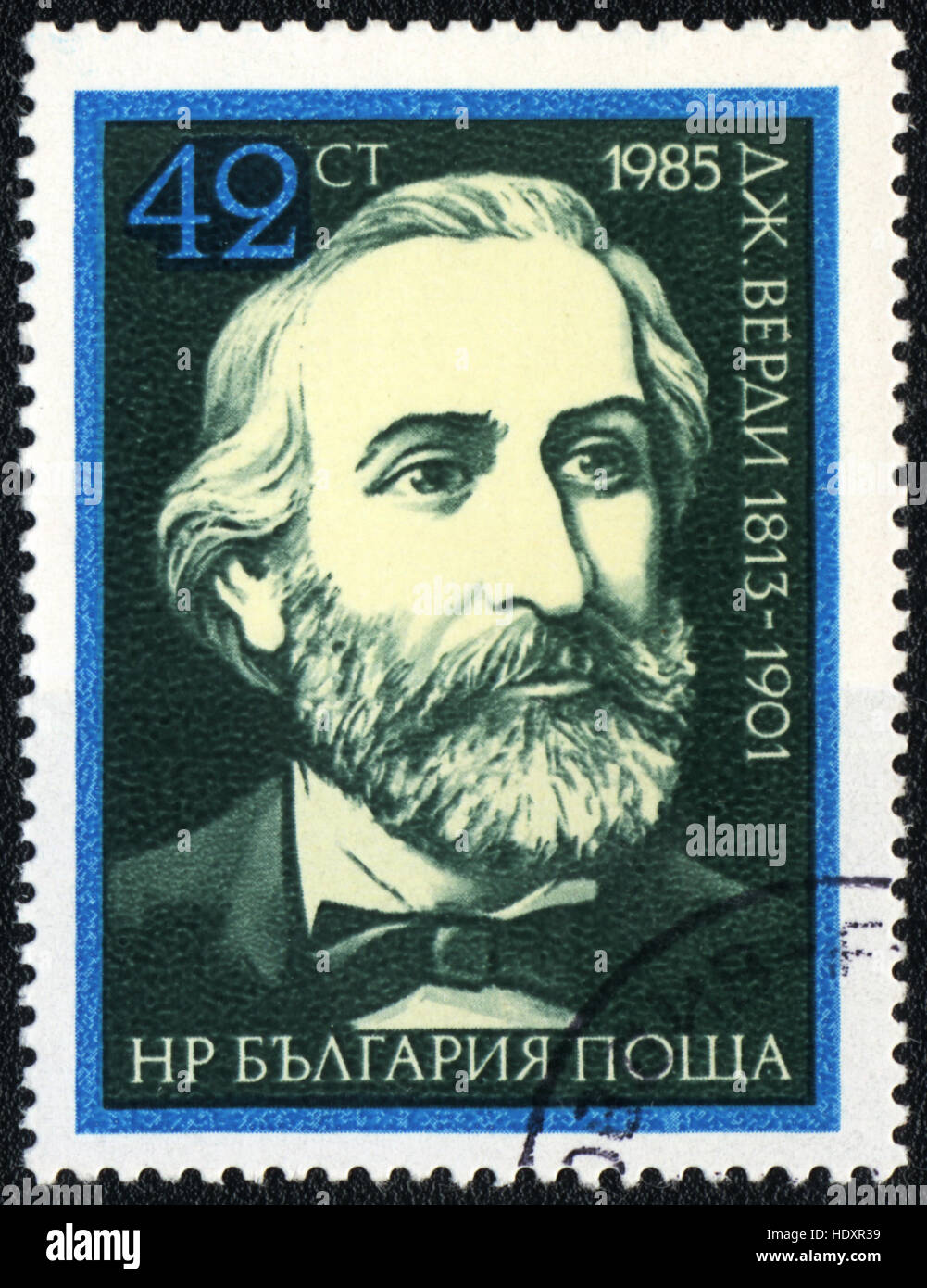 Eine Briefmarke gedruckt in Bulgarien zeigt Porträt des Komponisten Giuseppe Verdi, 1985 Stockfoto