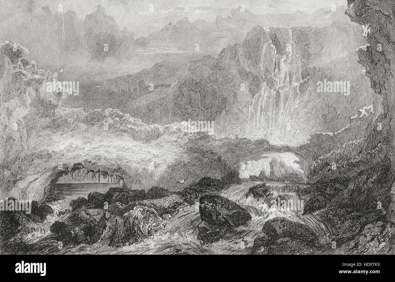 Schnee-Brücke und Wasserfall bei Gavarnie, Pyrenäen, Frankreich. 19. Jahrhundert Stahlstich von Thienon, Lemaitre Direxit und Lalaisse. Stockfoto
