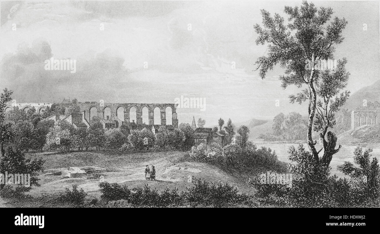 Römisches Aquädukt in Jouy, in der Nähe von Metz, Frankreich. 19. Jahrhundert Stahlstich von Danvin und Lemaitre Direxit. Stockfoto