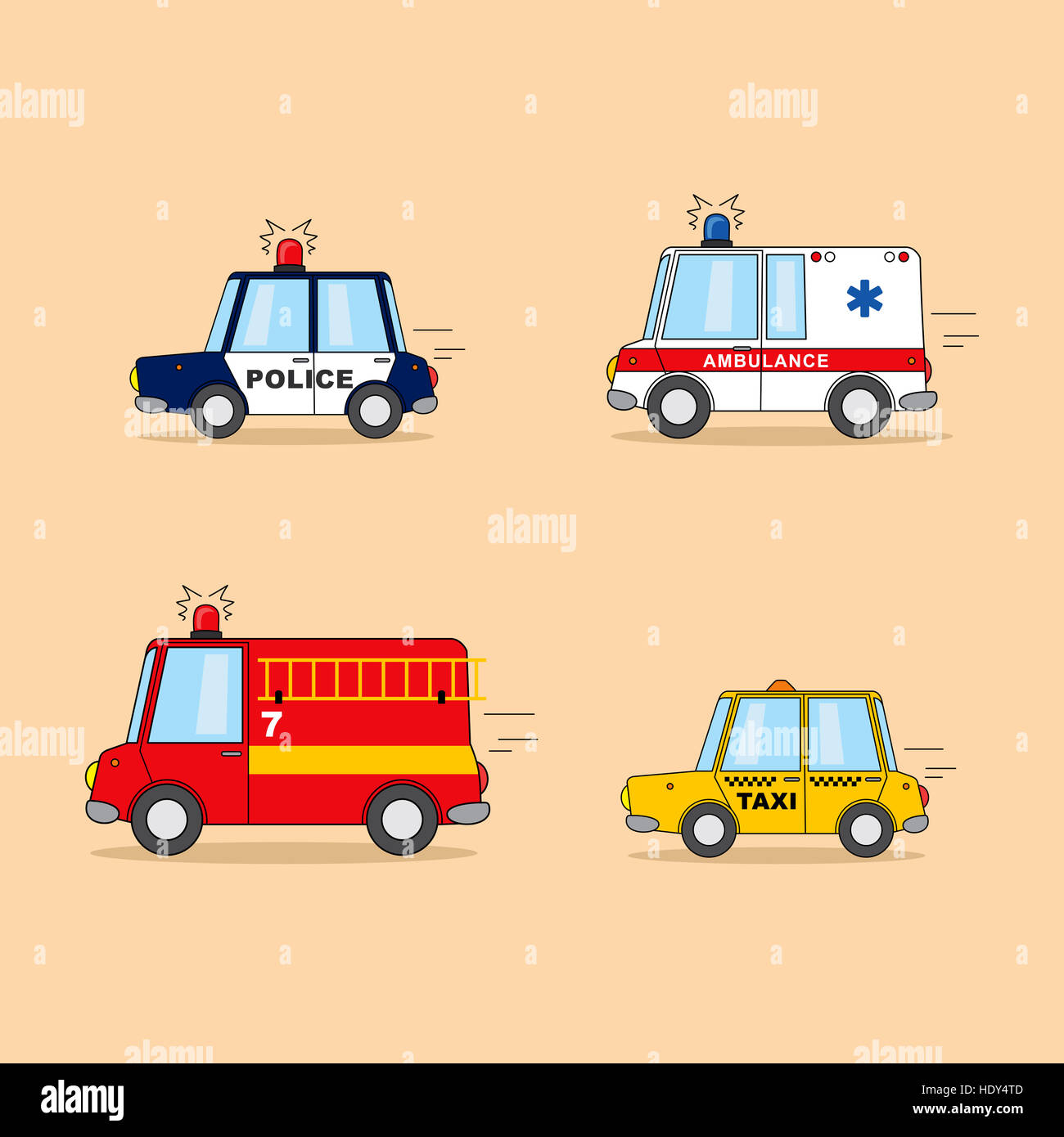 Satz von Cartoon-Autos. Polizei-Auto, Krankenwagen, Feuerwehr LKW, Taxi. Stockfoto