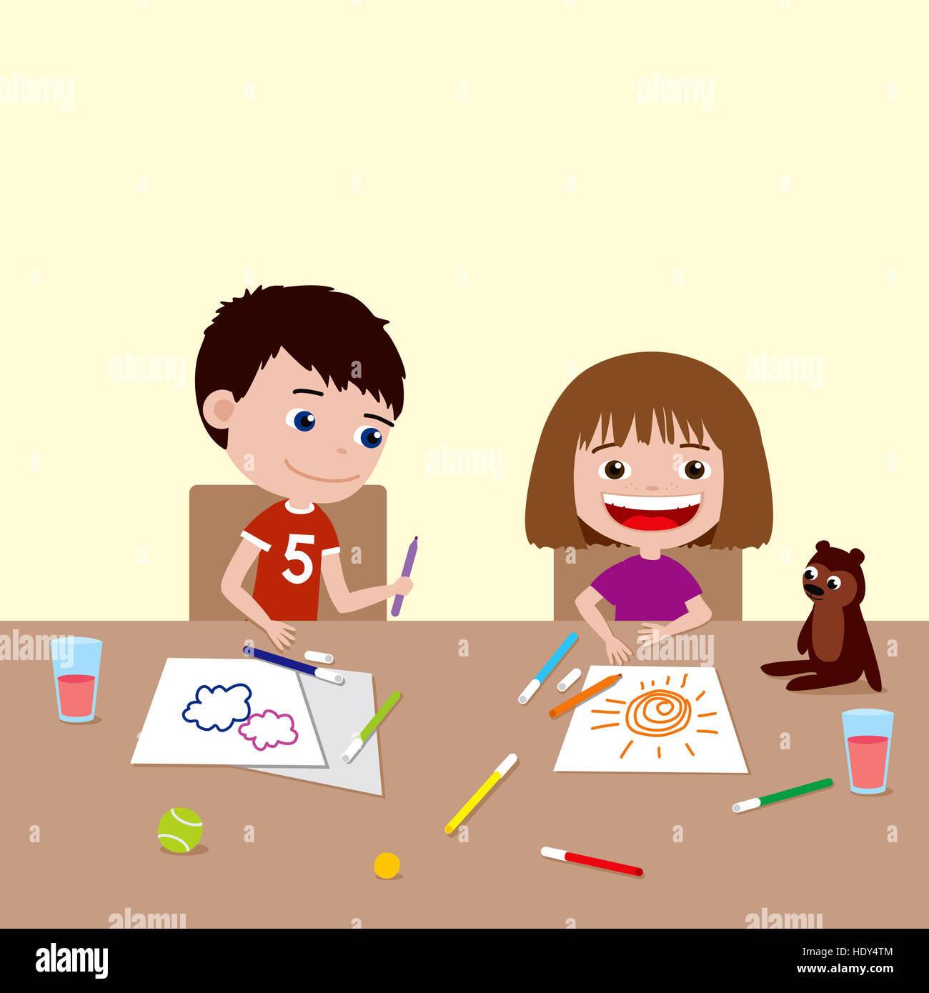 Kinder zeichnen mit Markierungen. Cartoon Illustration glücklich Bruder und Schwester, Zeit miteinander zu verbringen. Stockfoto