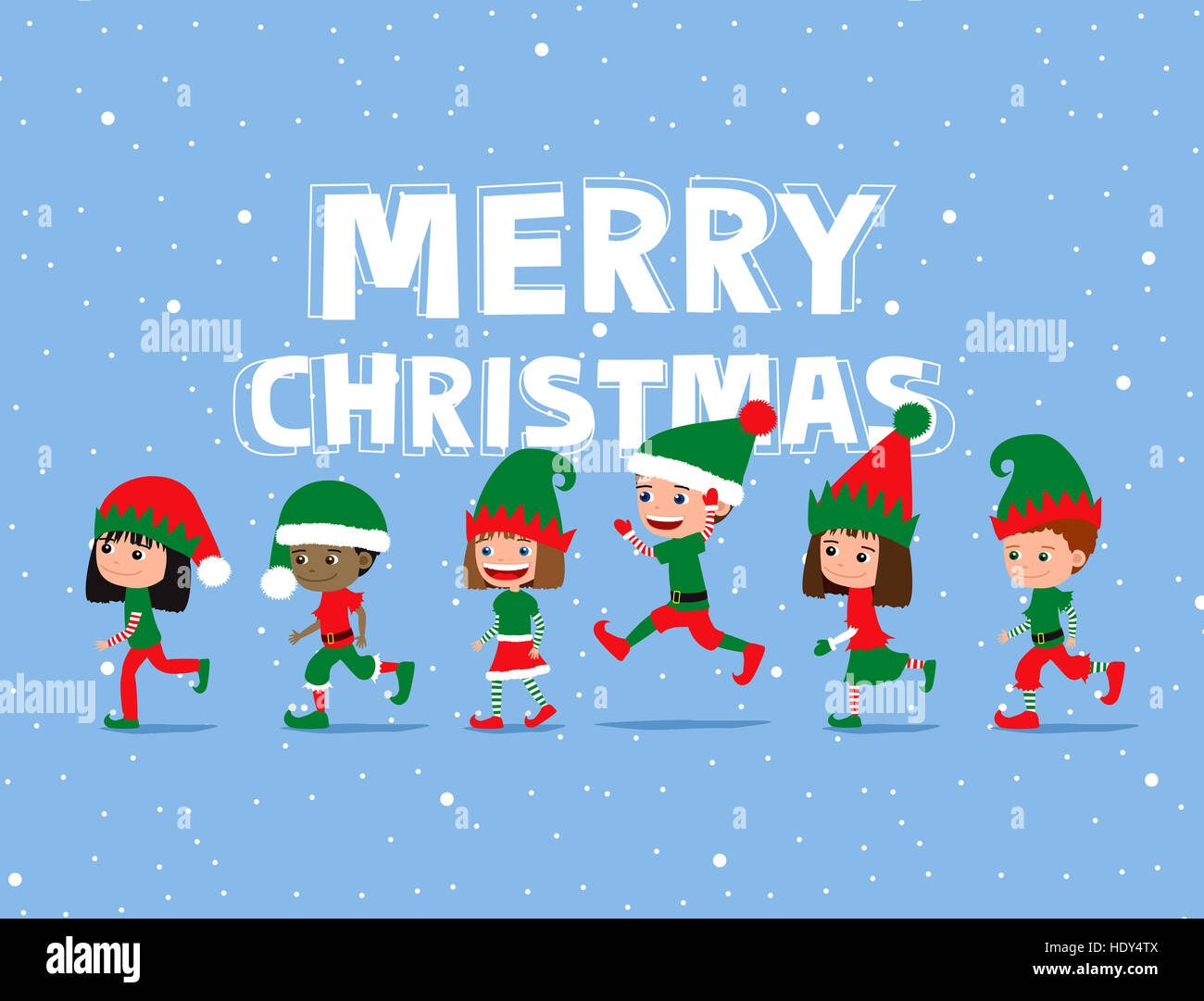 Weihnachten Kinder. Niedlichen Cartoon Kinder tragen Elf Kostüme. Grußkarte. Stockfoto