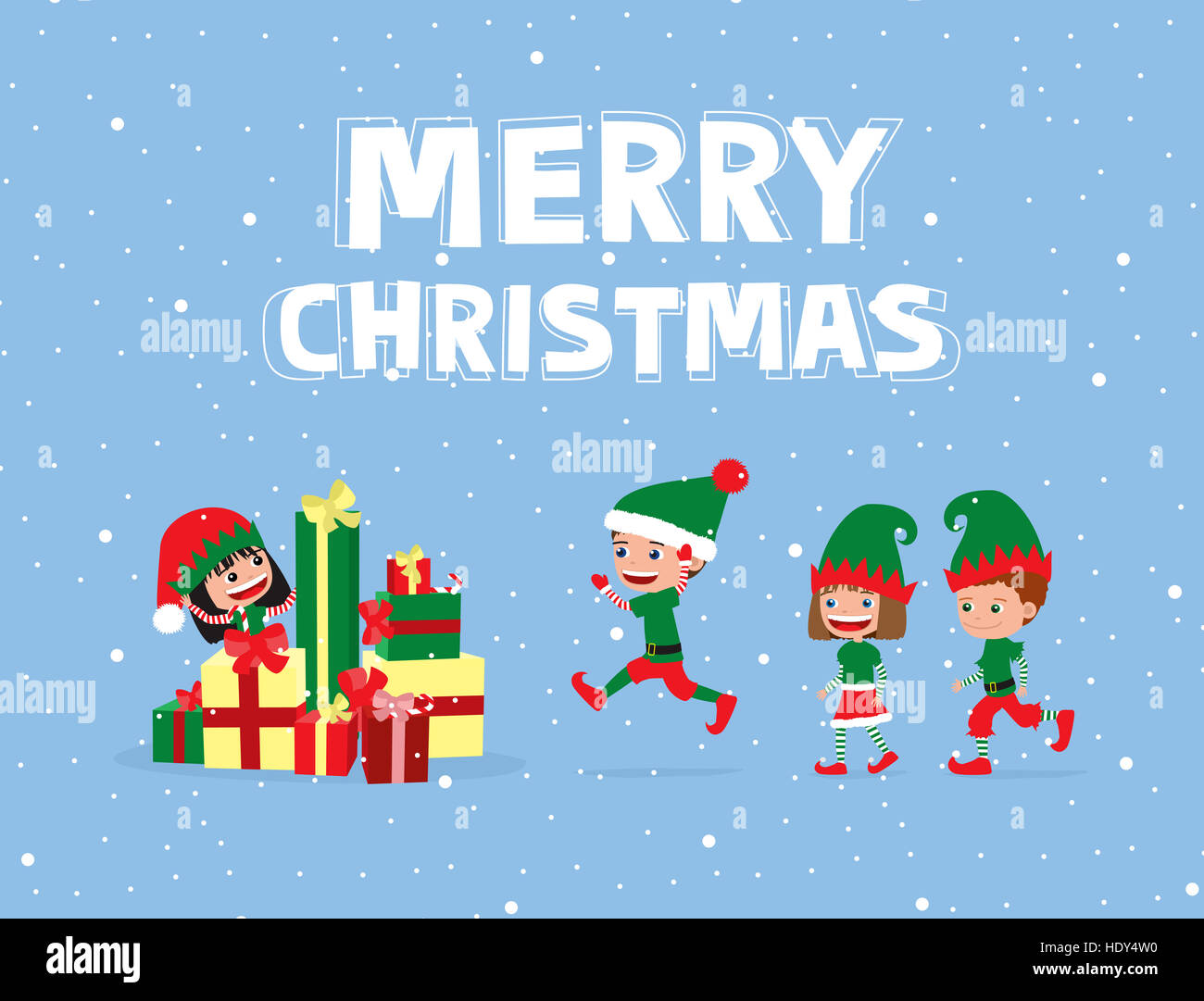 Fröhliche Kinder in Elf Kostümen, läuft auf Haufen von Weihnachtsgeschenke. Stockfoto