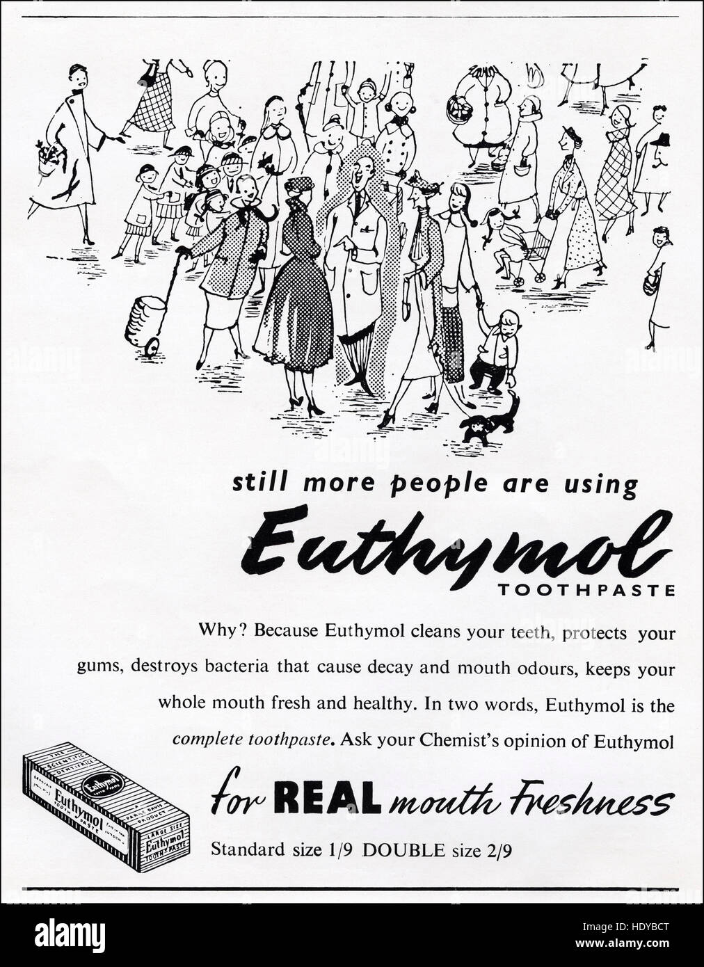 1950er Jahre Werbung Werbung aus original alten Vintage englischen Magazin datiert 1953 Werbung für Euthymol Zahncreme Stockfoto