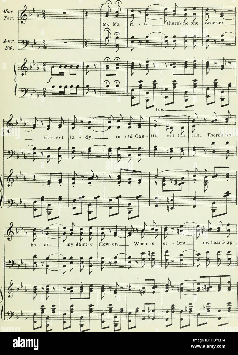 *Die Rose von Kastilien* (1906) ist eine romantische Operette in einem Akt. Es zeigt Themen wie Liebe und Leidenschaft, wobei sich eine Handlung um die Balz und emotionale Konflikte der Charaktere dreht. Stockfoto