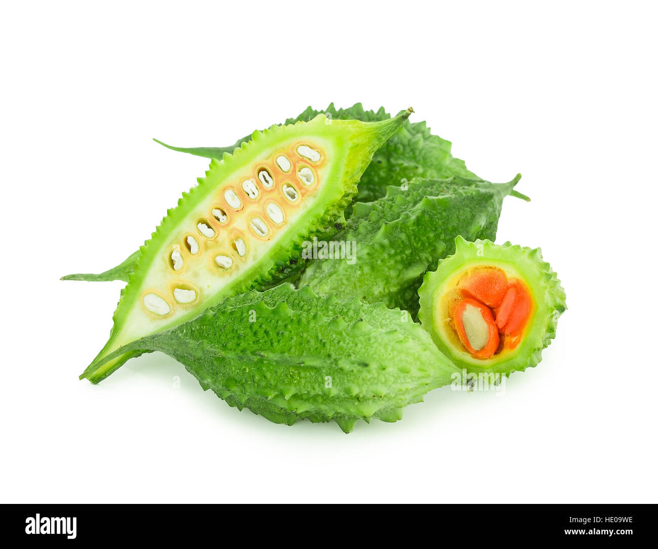 frischer Apfel Balsam, Balsambirne, bittere Gurke, Bittermelone, Bittermelone isoliert auf weiss Stockfoto