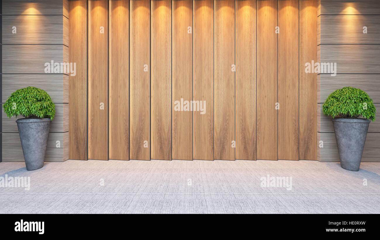moderne Holzplatte Wand Dekor Design-Idee mit Pflanzen- und Teppich 3D-Rendering. Stockfoto