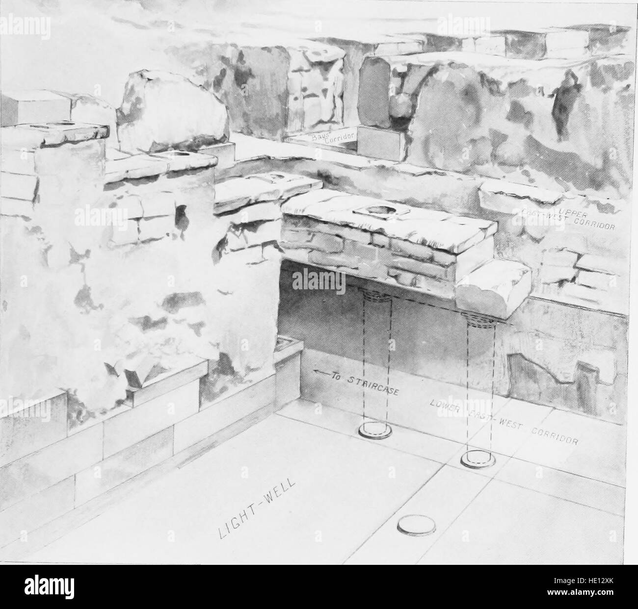 Diese Arbeit aus dem Jahr 1921 analysiert die aufeinanderfolgenden Stadien der frühen kretischen Zivilisation mit Schwerpunkt auf dem Palast von Minos und den archäologischen Entdeckungen in Knossos, die Einblicke in die minoische Kultur und Geschichte bieten. Stockfoto