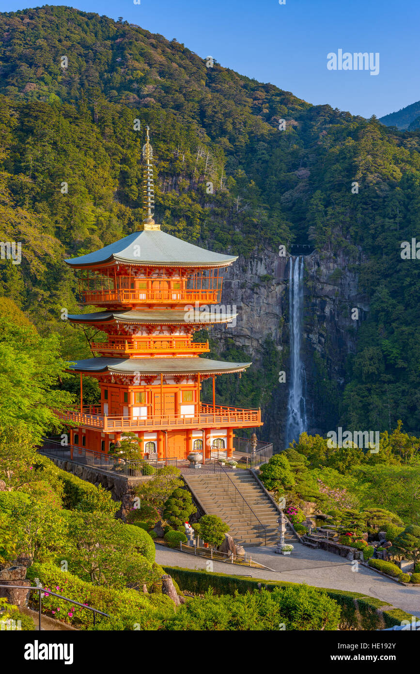 Nachi, Japan Nachi-Taisha-Schrein-Pagode und Wasserfall. Stockfoto