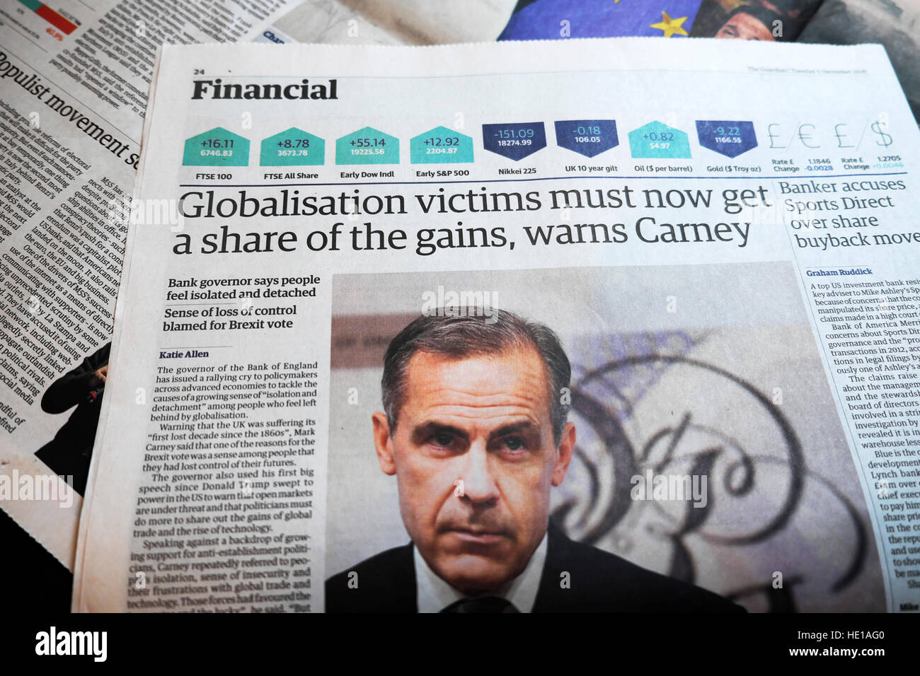 "Globalisierung Opfer müssen jetzt einen Anteil der Gewinne erhalten warnt Carney" Schlagzeile London England UK Stockfoto